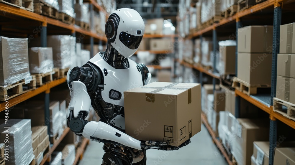 Fototapeta premium Humanoid robot working in a futuristic warehouse carrying boxes