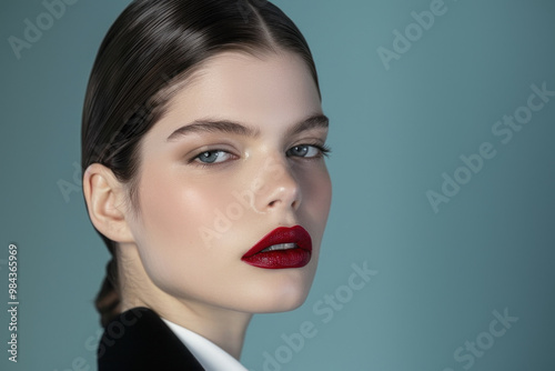 Striking beauty portrait of a young Caucasian woman with sleek hair and bold red lips, embodying modern elegance and allure