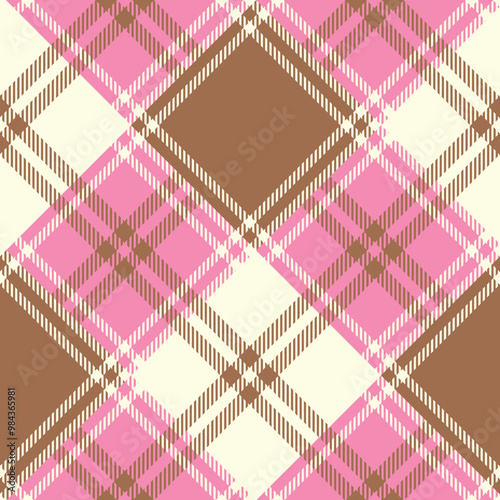 A colorful plaid pattern featuring pink, brown, and cream hues, suitable for textiles or graphic design projects.