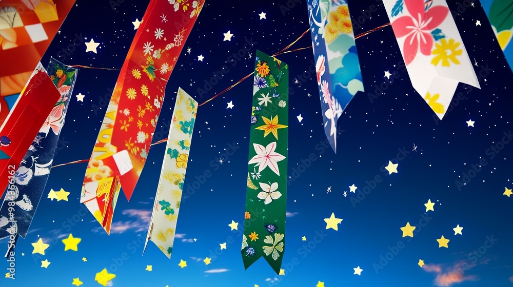 Fototapeta premium A vibrant Tanabata festival scene with colorful paper decorations swaying gently under a starlit night sky, capturing the festive atmosphere and the traditional celebration of wishes.