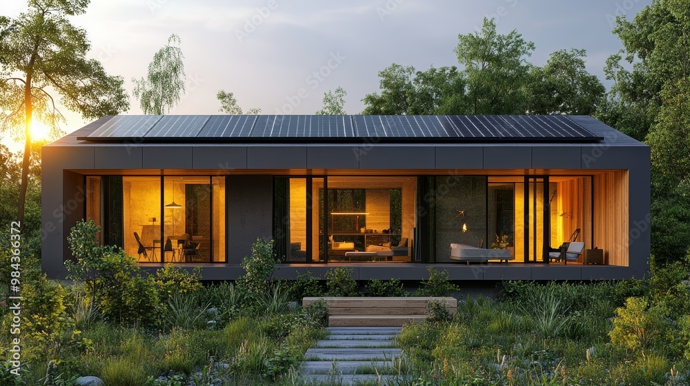 Modular eco-home with rooftop solar panels, wood accents blending with concrete, minimalistic design, surrounded by nature, warm sunset glow, realistic style, soft shadows Modular eco-home with rooftop solar panels, wood accents blending with concrete, minimalistic design, surrounded by nature, warm sunset glow, realistic style, soft shadows