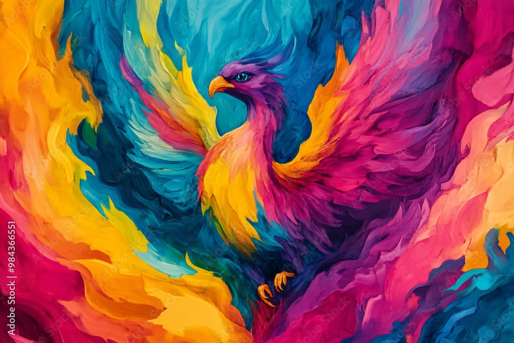 Obraz premium A multicolored phoenix rising from a sea of vibrant colors, symbolizing rebirth and the power of creative imagination.