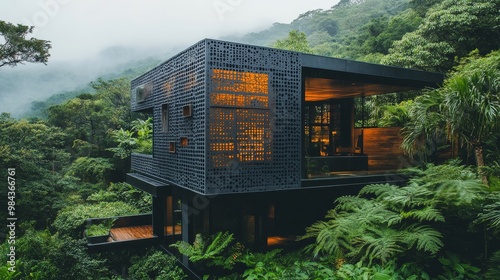 Sci-fi cube house with intricate perforated metal detailing, surrounded by lush greenery, reflecting the balance of technology and nature photo