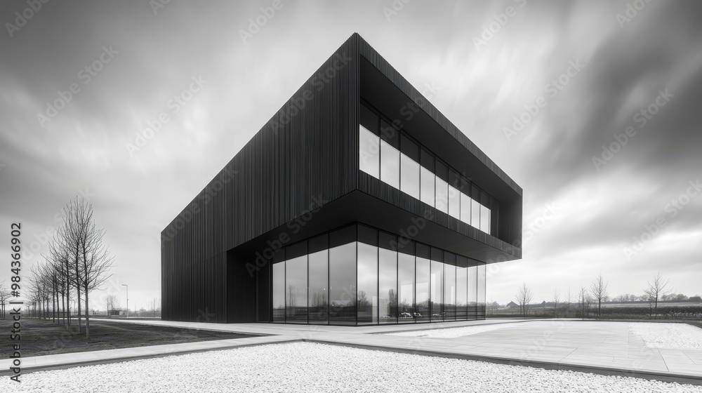 Fototapeta premium Simple black steel cube house with large glass windows, surrounded by neat gravel paths under a cloudy sky. Architectural photography, monochrome, soft shadows
