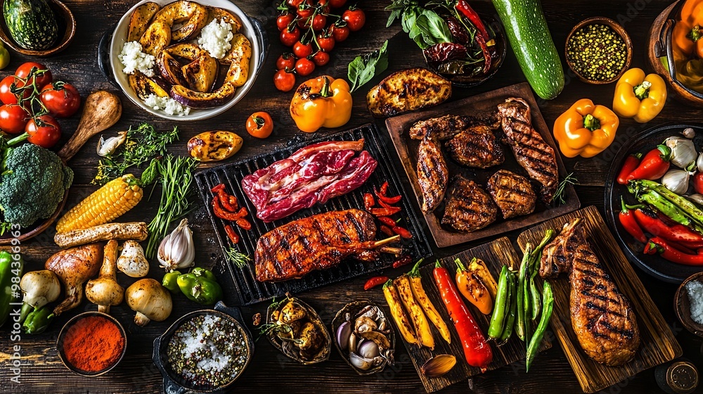 A festive Father’s Day barbecue with a grill loaded with a delicious assortment of meats and vegetables, celebrating family gatherings and outdoor cooking. A festive Father’s Day barbecue with a grill loaded with a delicious assortment of meats and vegetables, celebrating family gatherings and outdoor cooking.