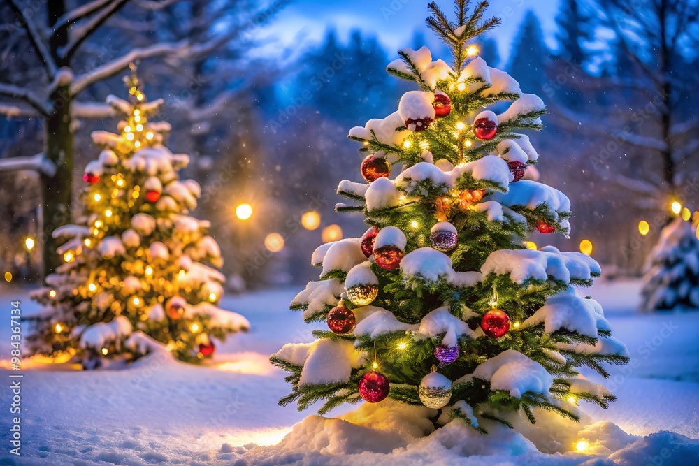 Fototapeta premium Christmas tree with decorations and lots of lights on it, snow on the ground and lots of snow on the branches, blurred background