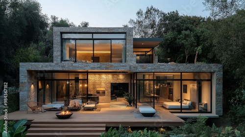 Smooth stone-clad cube home with an expansive wooden deck for socializing, modern architecture surrounded by lush greenery