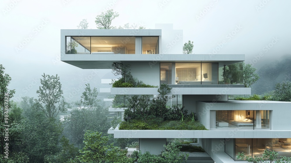 Stacked cube homes with open terraces and greenery, modern architecture, clean lines, minimalist, daylight, digital 3D render, white and gray tones, sustainable design Stacked cube homes with open terraces and greenery, modern architecture, clean lines, minimalist, daylight, digital 3D render, white and gray tones, sustainable design