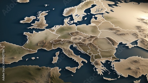 A detailed 3D map showcases the diverse topographies of various European countries with precise elevation differences.