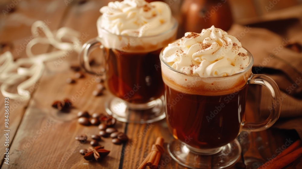 Cozy Winter Drink with Festive Spices and Whipped Cream on Rustic Wooden Table Cozy Winter Drink with Festive Spices and Whipped Cream on Rustic Wooden Table