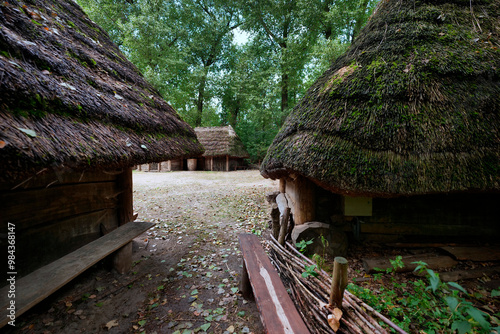 Obraz na płótnie Gród w Biskupinie – stanowisko archeologiczne na Pojezierzu Gnieźnieńskim we wsi Biskupin w województwie kujawsko-pomorskim. Na podstawie badań drewnianych bali stwierdzono, że 50% użytych do budowy g w salonie