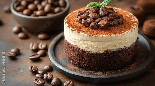 A close-up of a delicious tiramisu dessert with coffee beans and cocoa powder.