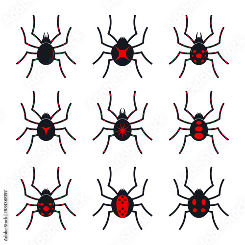 Spider set in black and red color. Collection of spiders. Halloween spider vector illustration set. Vector holiday October poster.