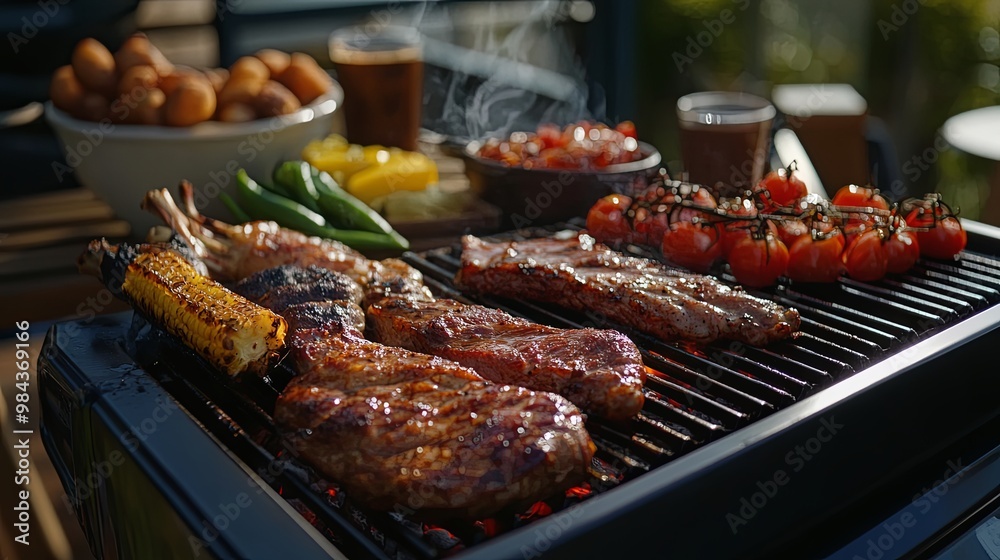 A festive Father’s Day barbecue with a grill loaded with a delicious assortment of meats and vegetables, celebrating family gatherings and outdoor cooking. A festive Father’s Day barbecue with a grill loaded with a delicious assortment of meats and vegetables, celebrating family gatherings and outdoor cooking.