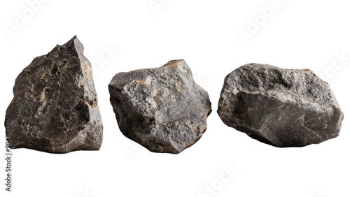 Group of asteroids and meteorites, isolated on a white background, highlighting their natural variations and cosmic ruggedness with clarity