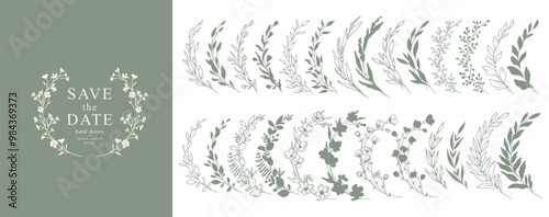 Hand drawn botanical floral elements in line art and silhouette style. Flowers, branches and leaves. Vector set for label, logo, corporate identity, wedding invitation, wreath, frame, border.