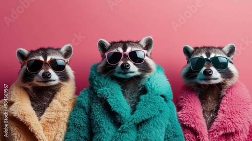 Three raccoons wearing vibrant robes and sunglasses posing against a bright background, exuding a sense of fashionable and playful energy in a studio setting. photo