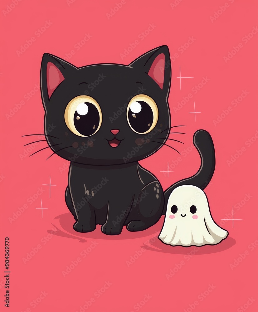 Cute Black Cat with Friendly Ghost Character Cute Black Cat with Friendly Ghost Character
