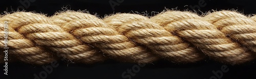 A close-up of a thick, braided rope with frayed edges against a black background. The rope is textured and shows the details of its construction. photo