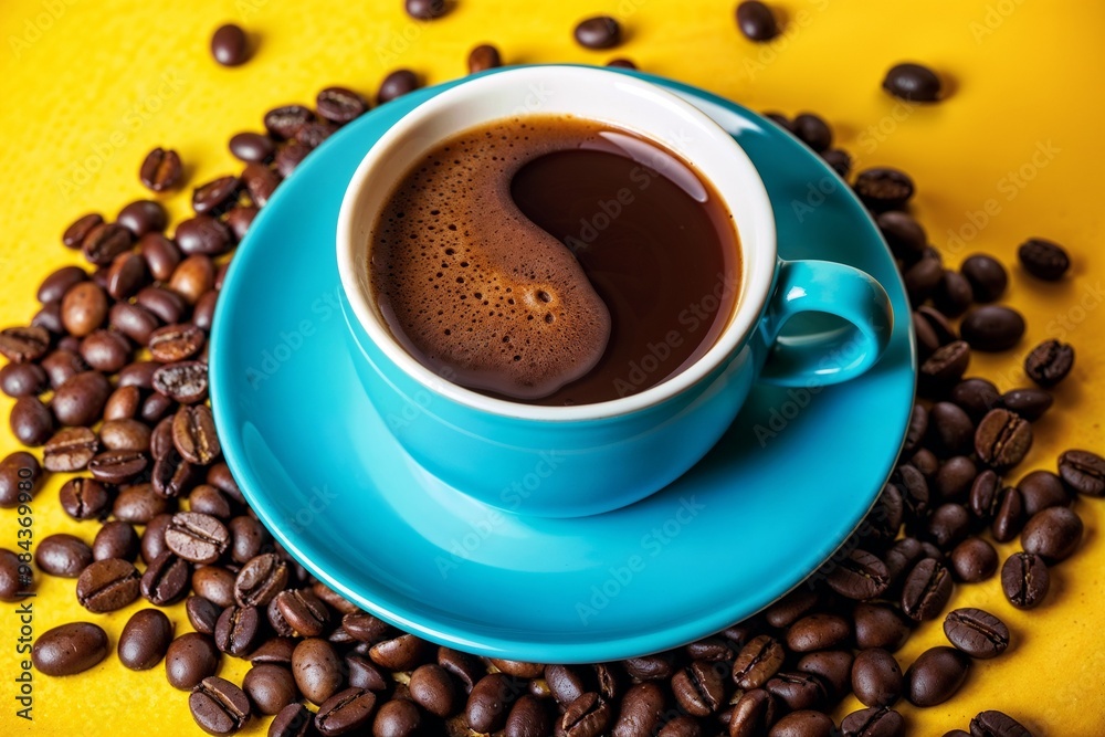 Fototapeta premium Vibrant coffee cup with scattered beans on yellow background