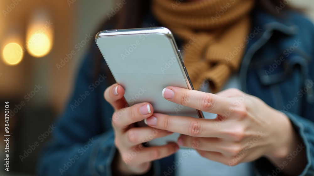 Woman operating smartphone close-up view, warm bokeh lighting backdrop, contemporary digital communication depiction, handheld gadget usage in focus, technology