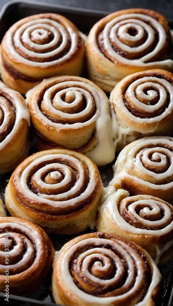 Cinnamon Rolls with Glaze on Baking Tray Cinnamon Rolls with Glaze on Baking Tray