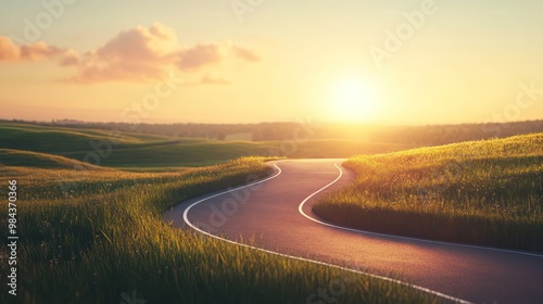 A road to success concept, showcasing a long, winding road leading toward a bright horizon, symbolizing perseverance and achievement.