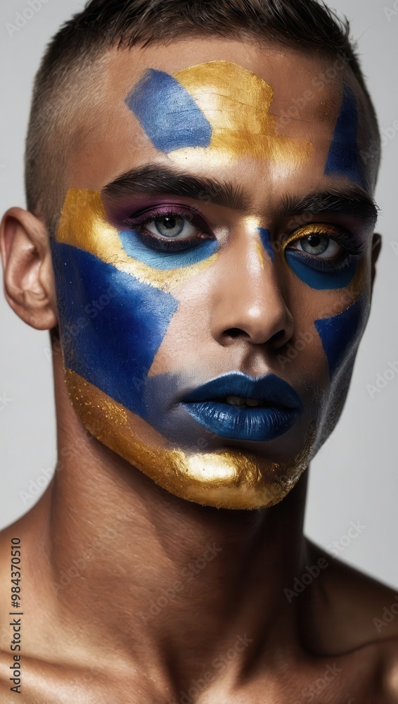 Highly Stylized Portrait of a Male Model with Artistic Makeup in Bold Colors Highly Stylized Portrait of a Male Model with Artistic Makeup in Bold Colors