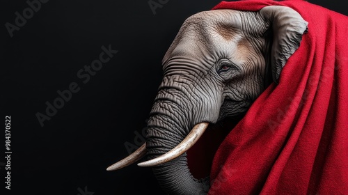 A detailed side view of an elephant draped in a red blanket, captured in a studio setting, blending wild nature with artistic representation, showcasing tranquility and strength. photo