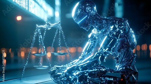 A sorrowful humanoid robot, bound by chains formed from complex legal contracts, kneeling as holographic scales of justice loom above, signifying its legal struggle photo