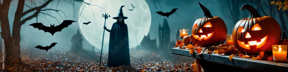 Halloween Banner Carved Pumpkins Misty Forest Cloaked Figure Bats Flying Candles Night Spooky Celebration Autumn Leaves