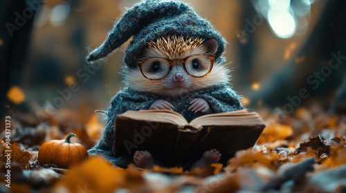 A hedgehog wearing a wizard's hat and glasses reading a magic book is a symbol of Halloween or Day of the Dead, which falls on October 31st every year. photo