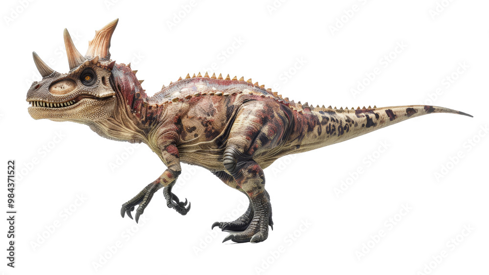 Isolated Carnotaurus dinosaur on a white background, focusing on its horned face, strong legs, and detailed skin texture, creating a lifelike representation Isolated Carnotaurus dinosaur on a white background, focusing on its horned face, strong legs, and detailed skin texture, creating a lifelike representation
