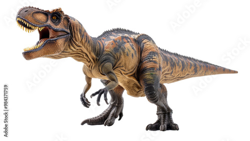 Isolated Giganotosaurus dinosaur figure on a white backdrop, emphasizing its intimidating stance, powerful build, and aggressive appearance