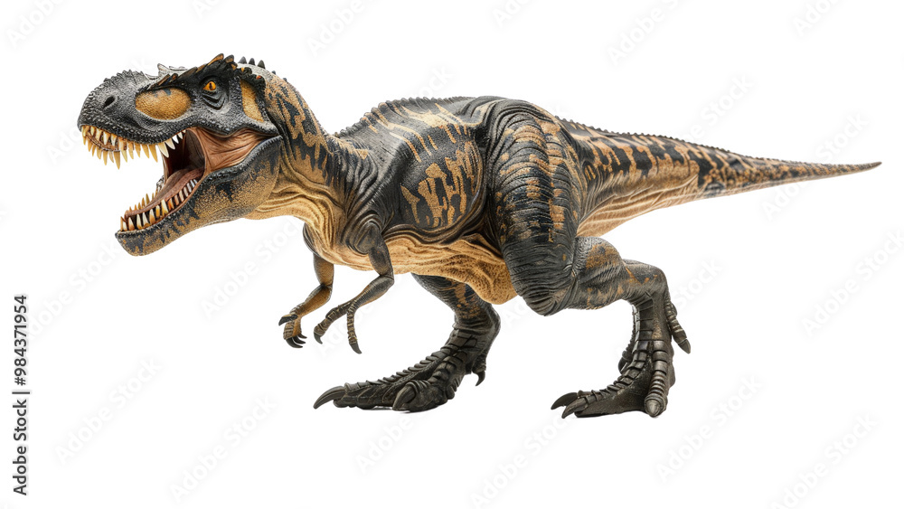 Isolated Giganotosaurus model on a white background, highlighting its intimidating posture, large claws, and robust physical traits