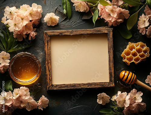 A wooden frame with space for text is surrounded by soft pink blossoms, a jar of honey, a honeycomb, and a honey dipper, arranged artistically on a dark textured background, evoking a natural and swe photo