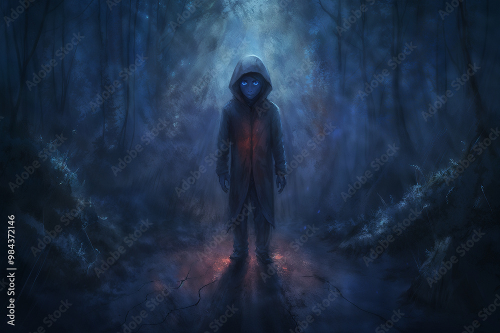 Fototapeta premium Mysterious hooded figure in eerie blue-lit forest at night