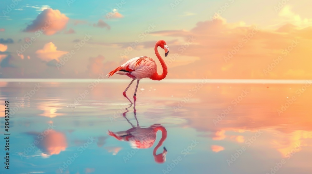 Fototapeta premium Elegant Flamingo Reflecting in Serene Tropical Sunset Landscape