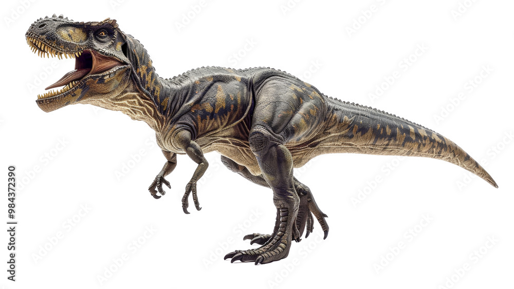 Isolated image of Carcharodontosaurus against a white background, focusing on its imposing structure, detailed anatomy, and fierce appearance Isolated image of Carcharodontosaurus against a white background, focusing on its imposing structure, detailed anatomy, and fierce appearance