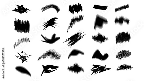 Black ink stencils,black blots, grunge, brush strokes.Paintbrush, splash, spray, ink splatter and paint marks. Artistic graphic box, black blots, grunge brush strokes and grunge frames for text.