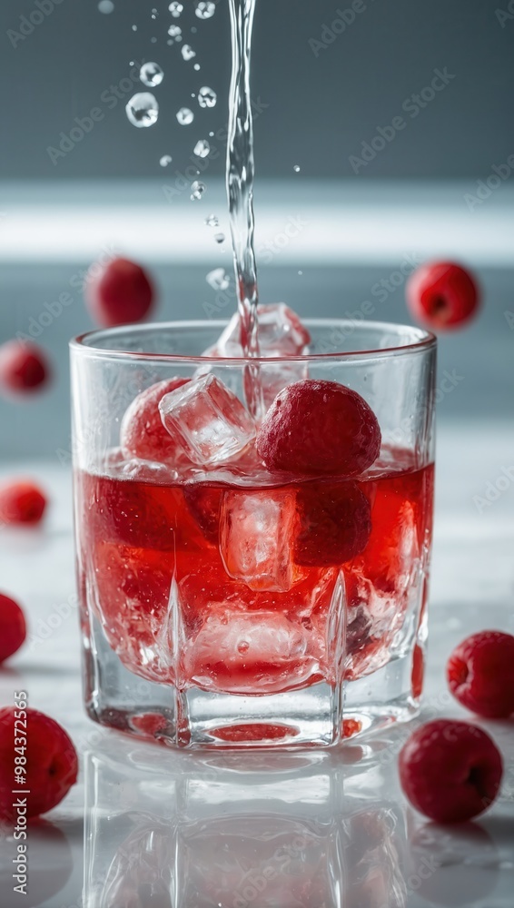 Close-up of a Raspberry Mocktail with Fresh Berries and Ice Cubes Close-up of a Raspberry Mocktail with Fresh Berries and Ice Cubes