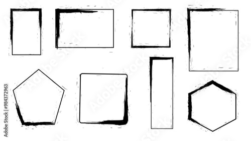 Set of labels, frames. Geometric shapes, star, rectangle, square, circle, rhombus.Black ink stencils.  grunge brush strokes and grunge frames for text.