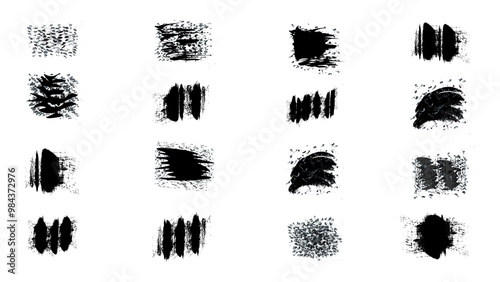 Set of hand drawn ink splashes. Black ink stencils. Paintbrush, splash, spray, ink splatter and paint marks.Artistic graphic box, black, grunge brush strokes and grunge.