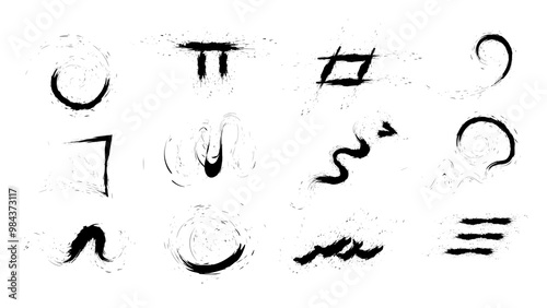 Scribblings set.Straight grunge stroke collection.Black ink stencils. Grunge tiny underlines, borders, dividers for your design . Artistic graphic box, black boots, grunge brush strokes and grunge .
