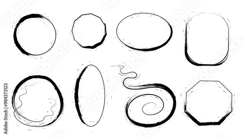 Grunge-style doodles, charcoal doodles, rough brush strokes, accentuating strokes.Splashes of ink, drops, traces of a dry brush, rough frames. Vector illustration.