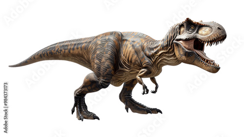 Isolated King Tyrannosaurus rex on a white background, showcasing its large, fearsome head, strong limbs, and detailed scales