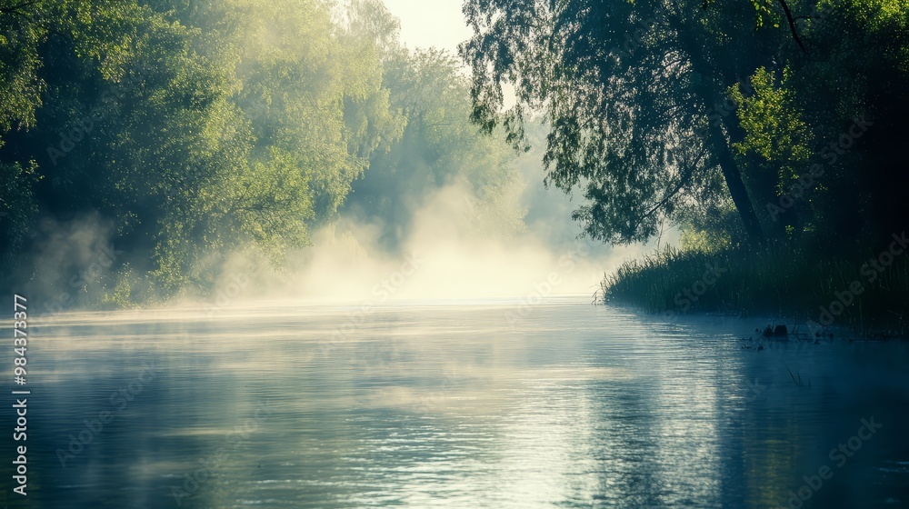 A misty riverbank with trees and water A misty riverbank with trees and water