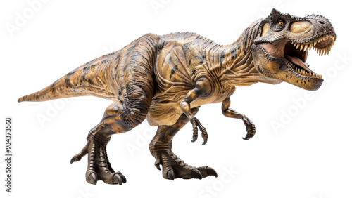 King Tyrannosaurus rex dinosaur figure, isolated with a white background, capturing its intimidating features, muscular structure, and detailed skin