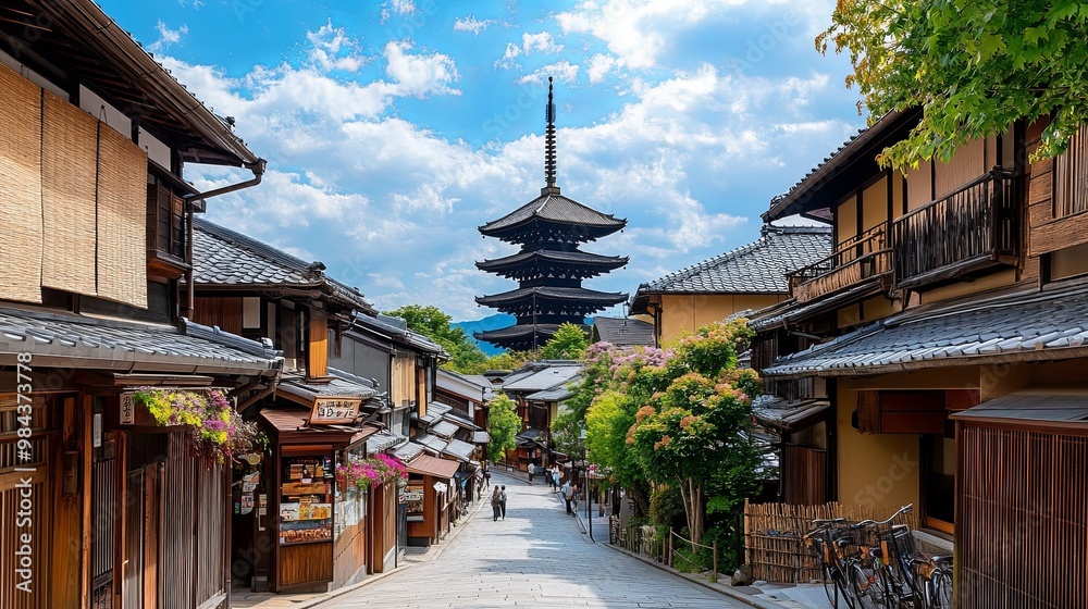 Traditional Japanese Street with Pagoda in the Distance Traditional Japanese Street with Pagoda in the Distance