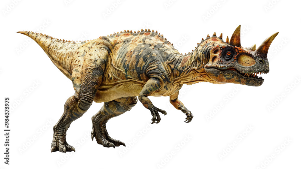 Lifelike depiction of Carnotaurus dinosaur, isolated on a white background, focusing on its horned head, muscular limbs, and intricate skin details Lifelike depiction of Carnotaurus dinosaur, isolated on a white background, focusing on its horned head, muscular limbs, and intricate skin details